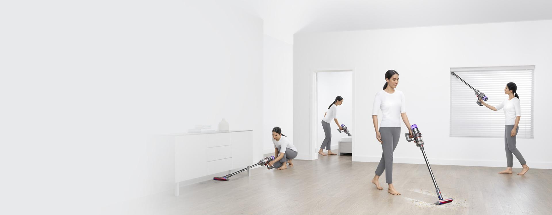 The Dyson Digital Slim vacuum with various attachments is used to clean around their home.