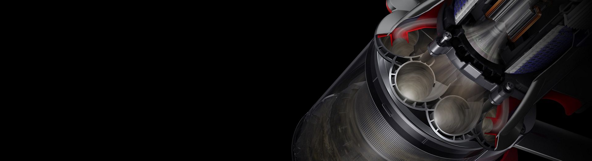 ภาพตัดขวางซูมใกล้แสดงให้เห็นไซโคลนที่อยู่ภายในเครื่องดูดฝุ่น Dyson Digital Slim