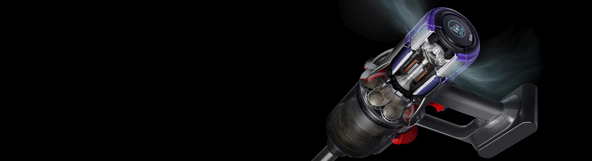 Close-up cutaway of the filtration system inside the Dyson Digital Slim vacuum.