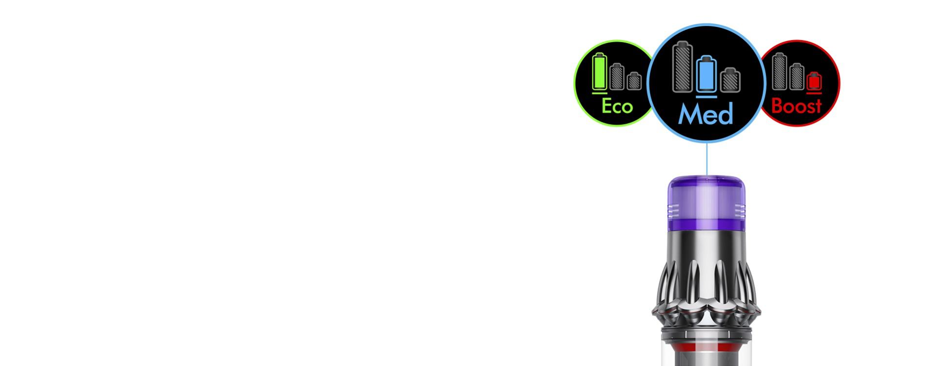 Close-up of the Dyson Digital Slim vacuum's LCD with Eco, Med and Boost mode icons.