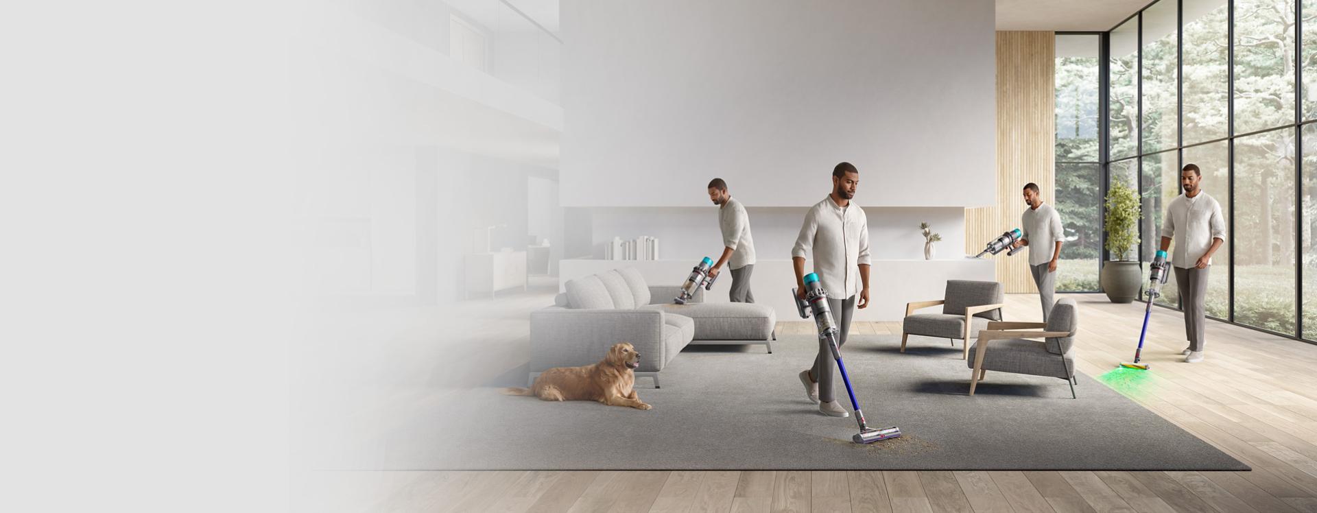 A man vacuuming all over the house with the Dyson Gen5outsize vacuum.