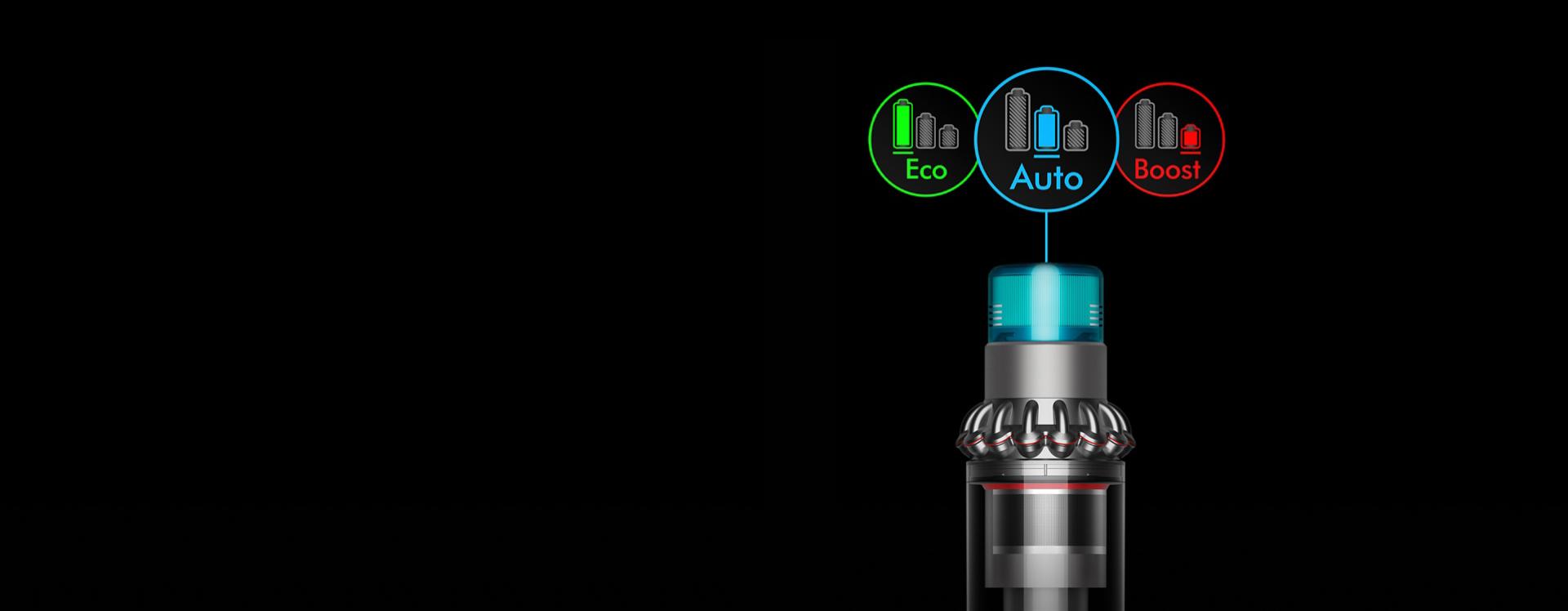 Close-up of the Dyson Gen5outsize vacuum's LCD with Eco, Auto and Boost mode icons.