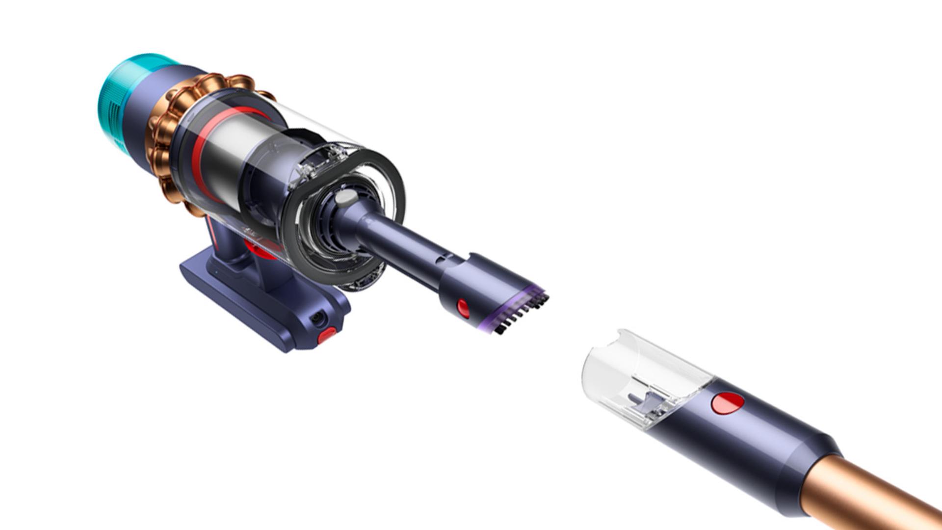 A close-up of the Dyson Gen5detect vacuum transforming into a handheld machine.