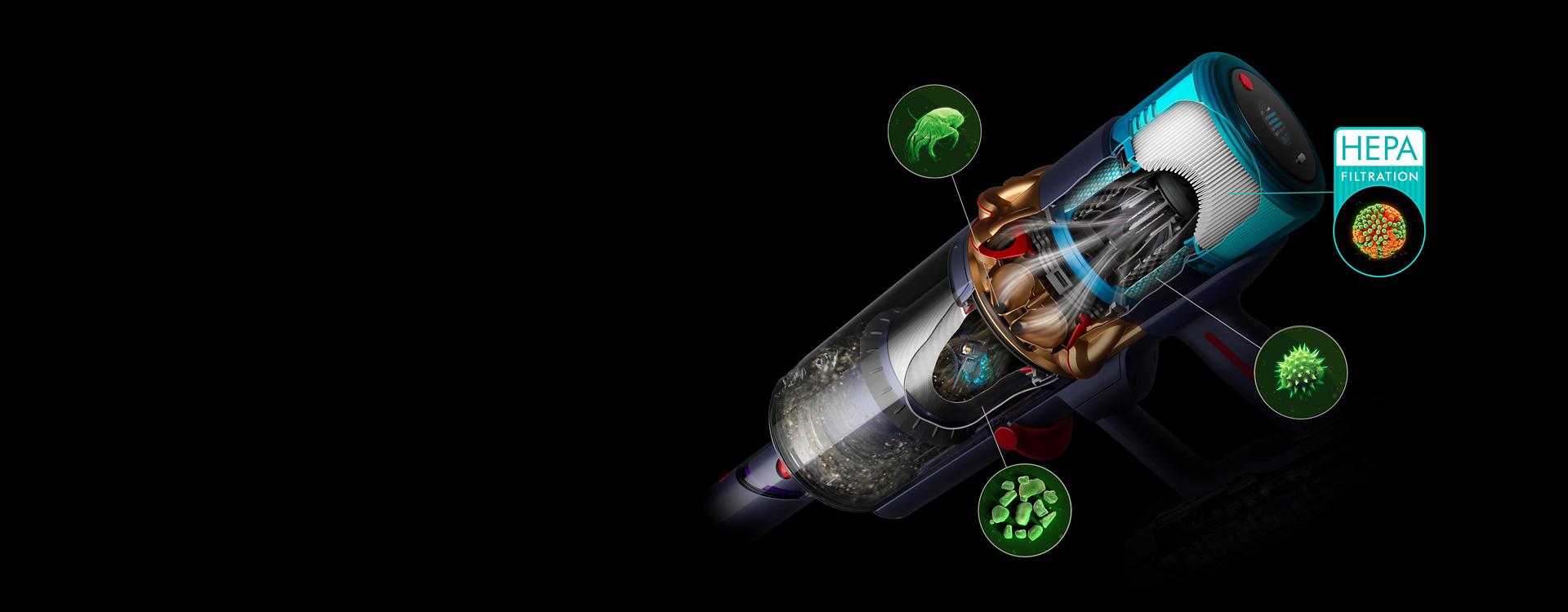 Close-up of the filtration system on the Dyson Gen5detect vacuum with pictures of microscopic debris.