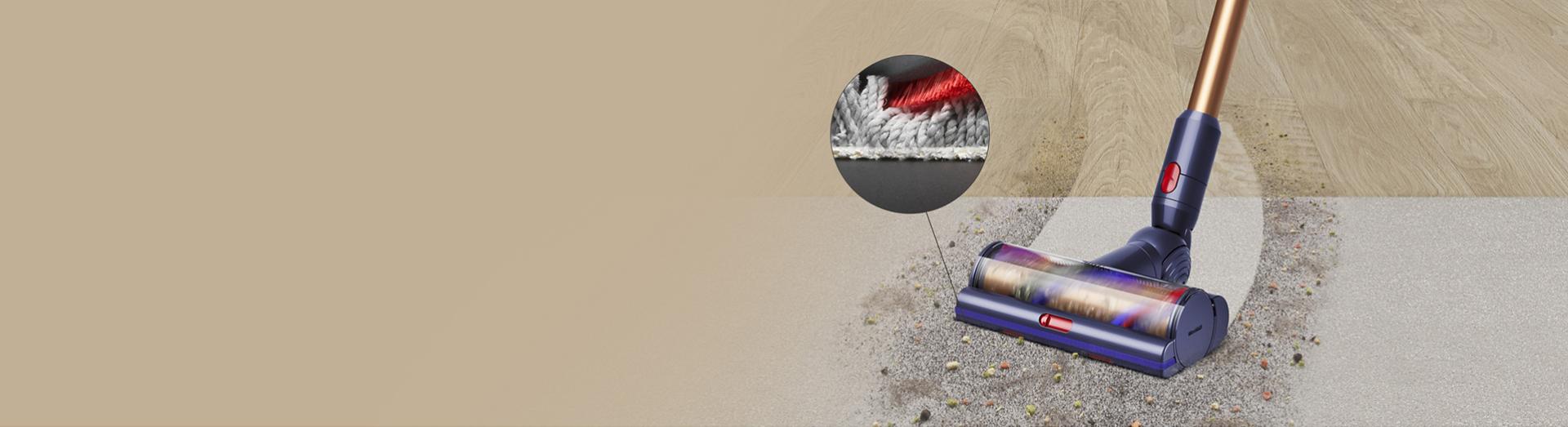 Cleaning a clear path through debris on hard floor and carpet, with a close-up of the cleaner head bristles removing dirt.