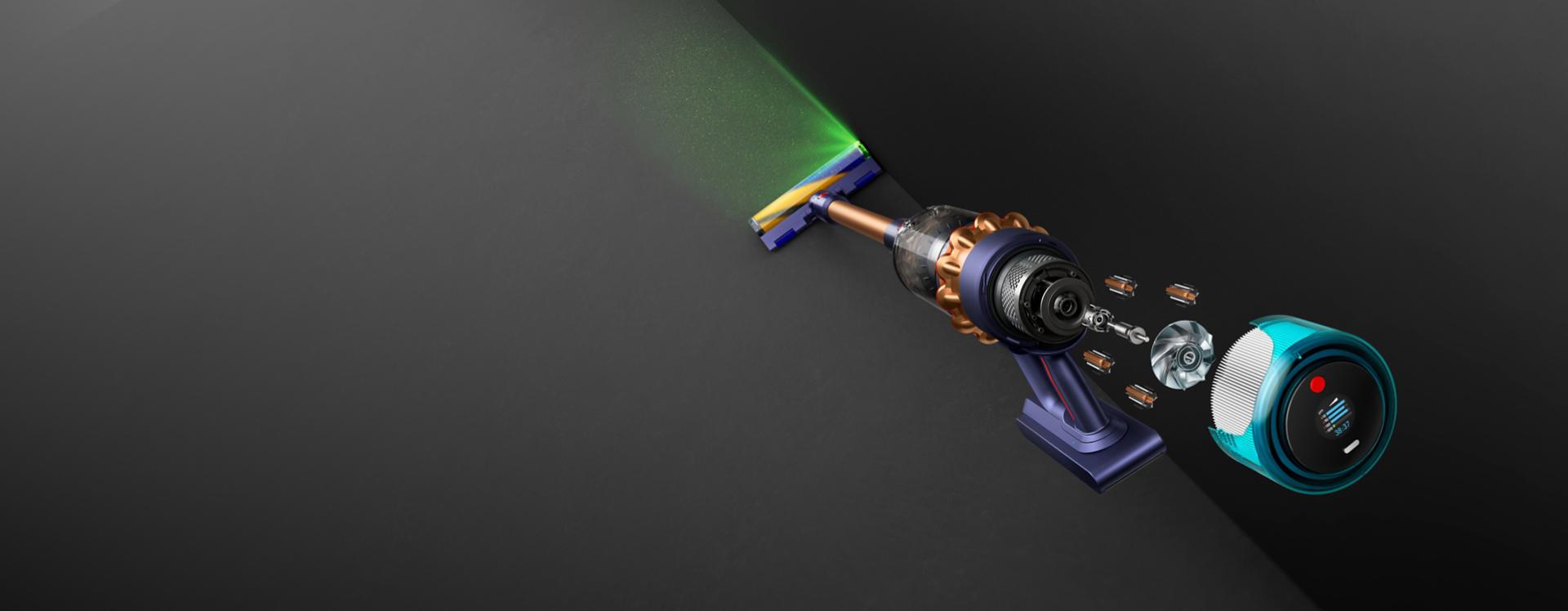 Exploded view of the Dyson Gen5detect vacuum with illuminating Fluffy Optic cleaner head.