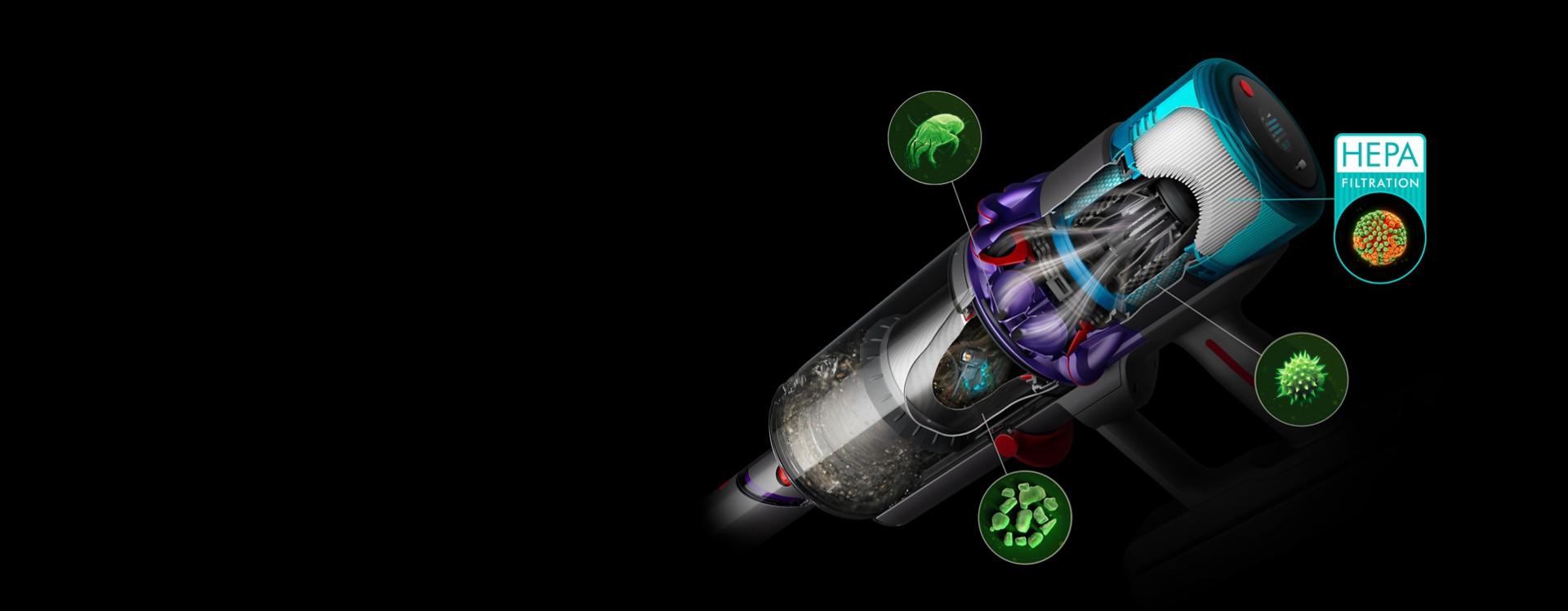 Close-up of the filtration system on the Dyson Gen5detect vacuum with pictures of microscopic debris.