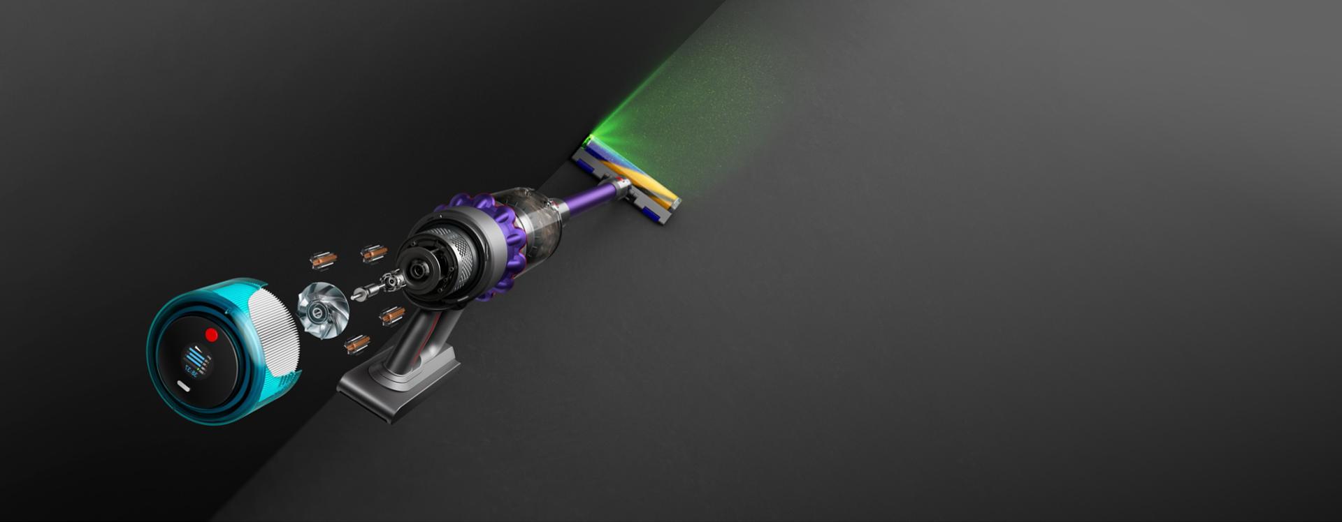 مشهدٌ تفصيلي لمكنسة Dyson Gen5detect مع رأس التنظيفFluffy Optic المُضيء.