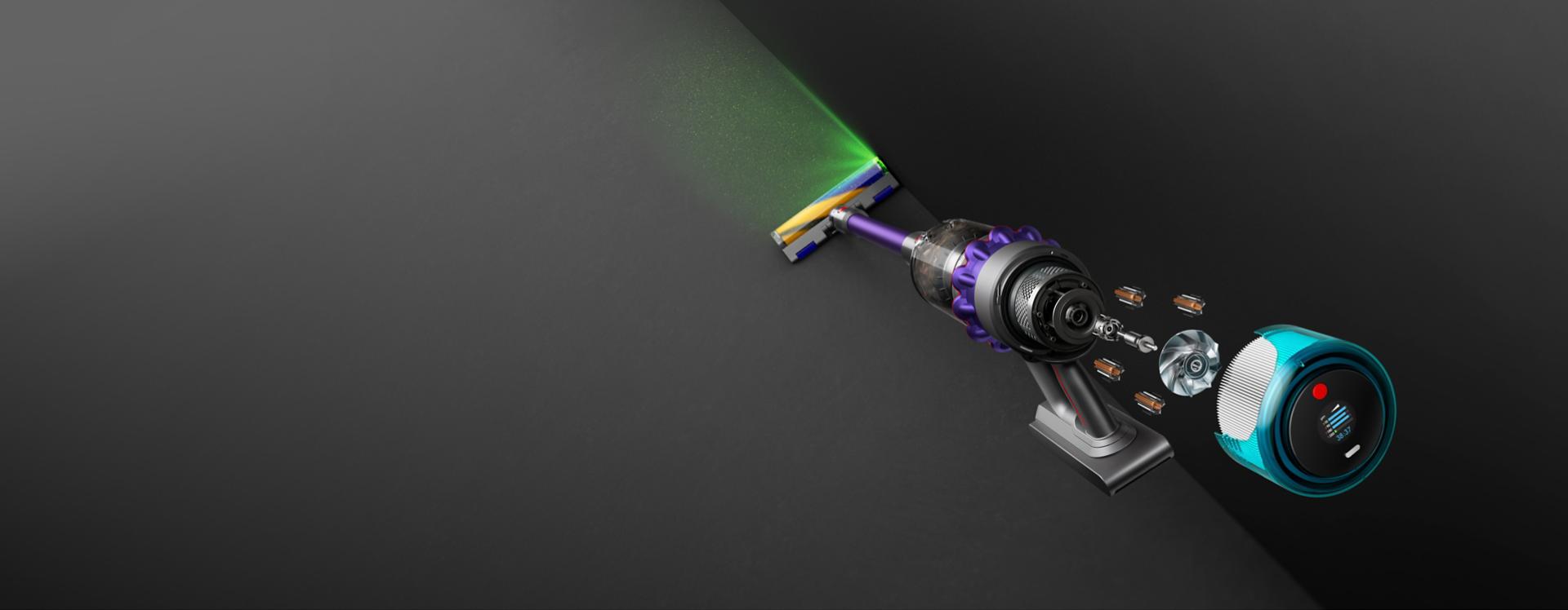 Exploded view of the Dyson Gen5detect vacuum with illuminating Fluffy Optic cleaner head.