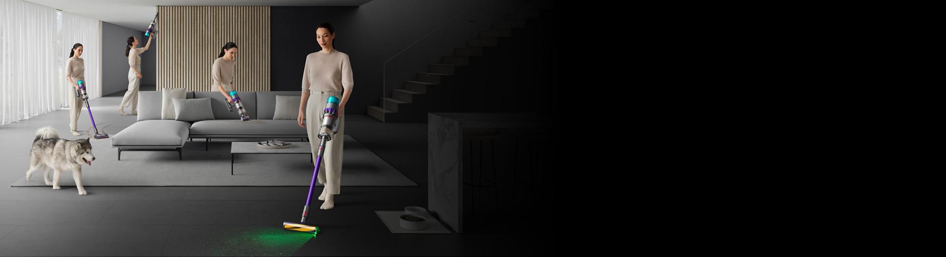 منزل عائلي يتمّ تنظيفه باستخدام مكنسة Dyson Gen5detect.