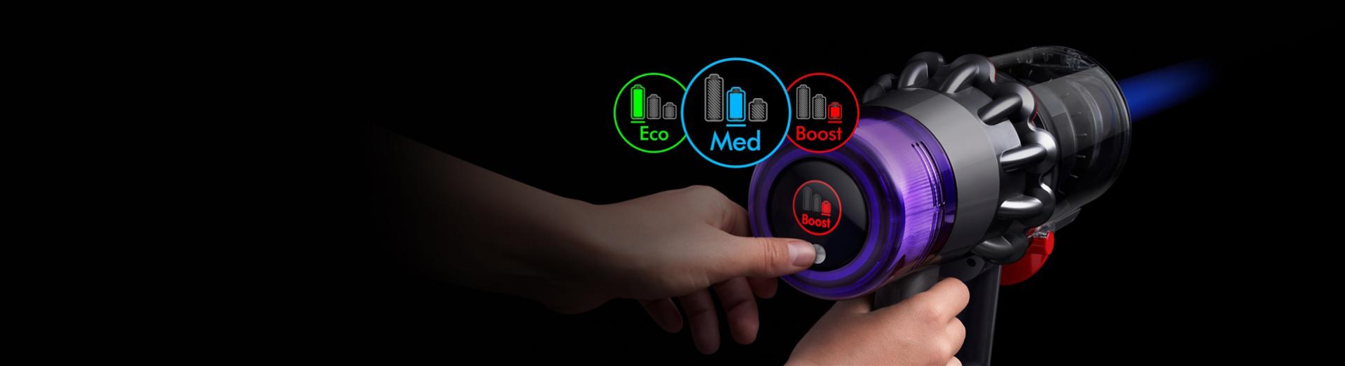 A model switching between the different power modes on the Dyson V11 Total Clean.