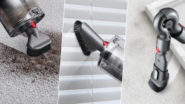 Three different images of the Dyson V11 Total Clean being used with three different attachments.