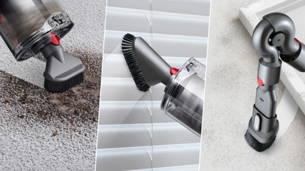 Three different images of the  Dyson V11 Total Clean being used with three different attachments.