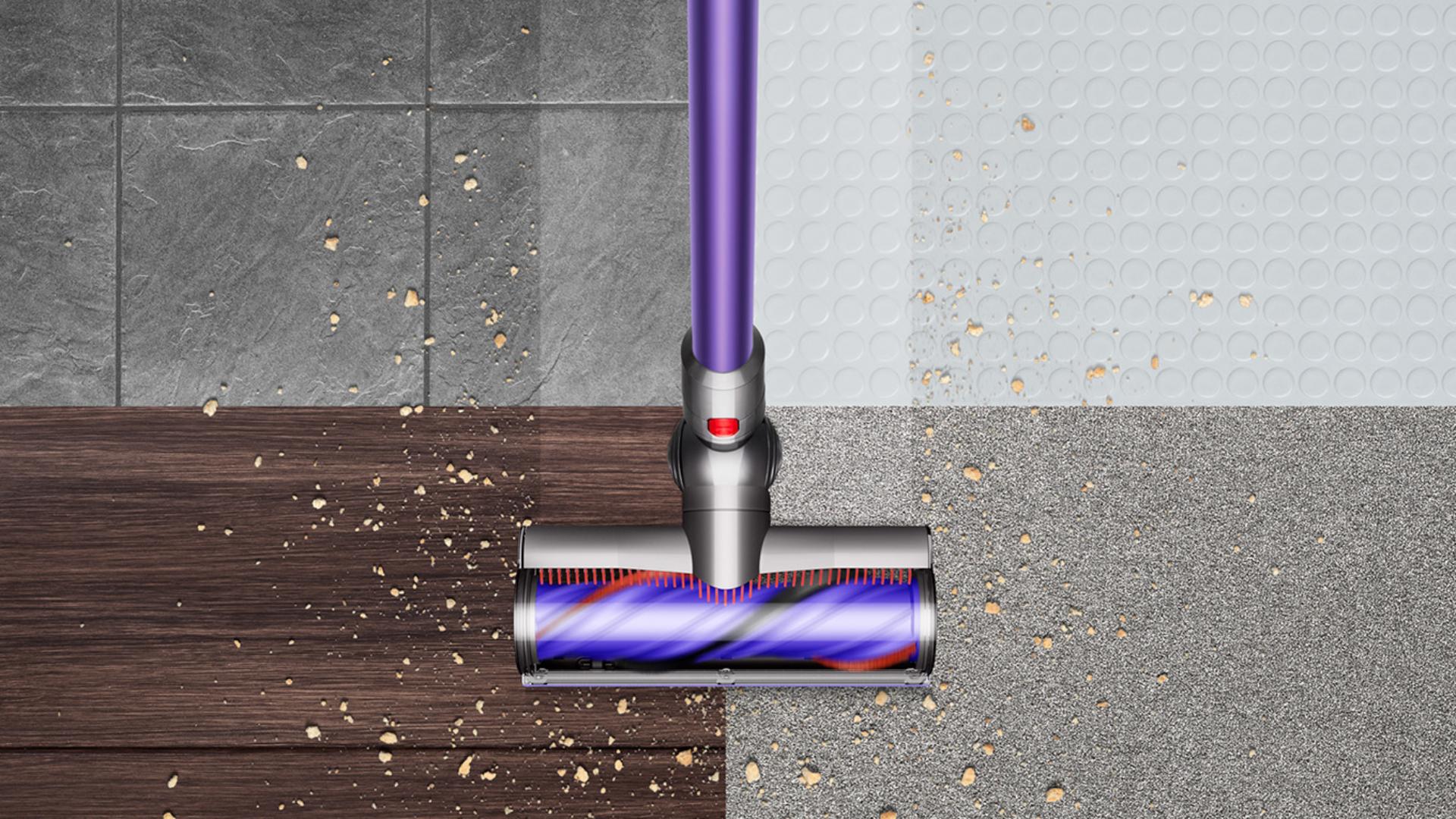 The Dyson V11 Total Clean being used across four different floor types.