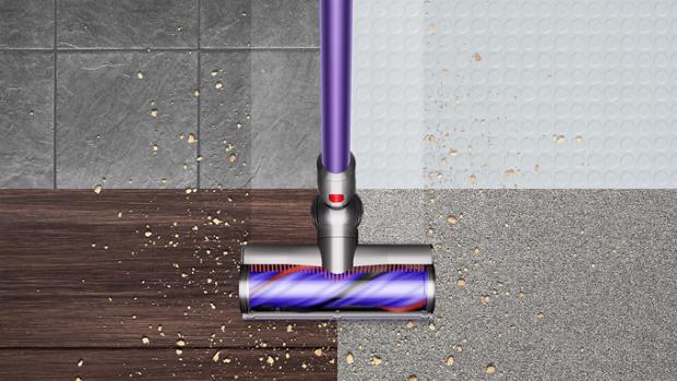 The Dyson V11 Total Clean being used across four different floor types.