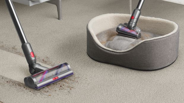 A carpet and dog bed being cleaned with the Dyson V12 Detect Slim vacuum and Hair screw tool.