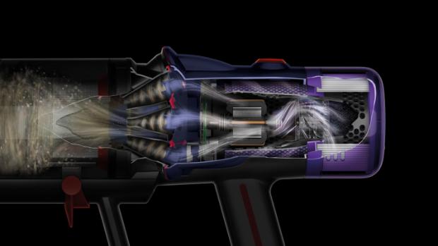 A cutaway of the Dyson V12 Detect Slim vacuum showing the filtration system.