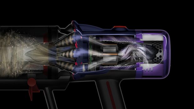 A cutaway of the Dyson V12 Detect Slim vacuum showing the filtration system.