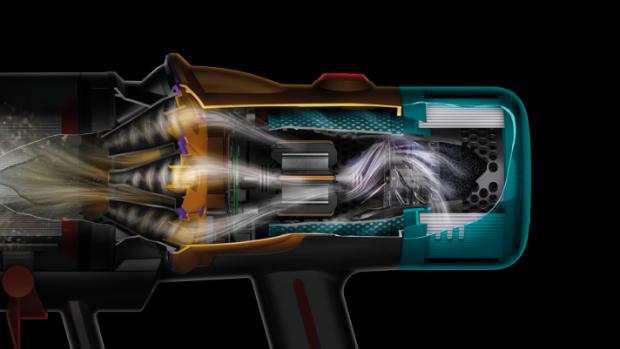A cutaway of the Dyson V12 Detect Slim vacuum showing the filtration system.