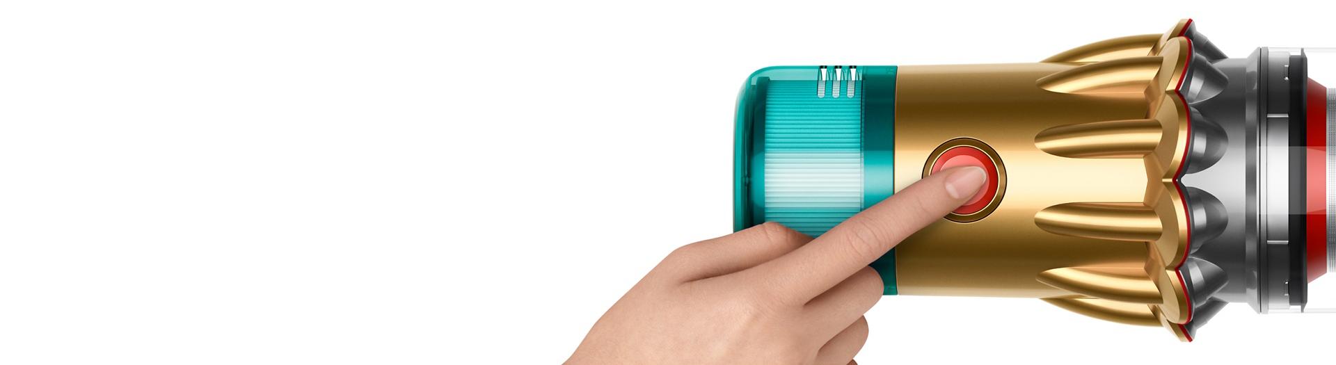 Zbliżenie na przycisk zasilania odkurzacza Dyson V12 Detect Slim Absolute.