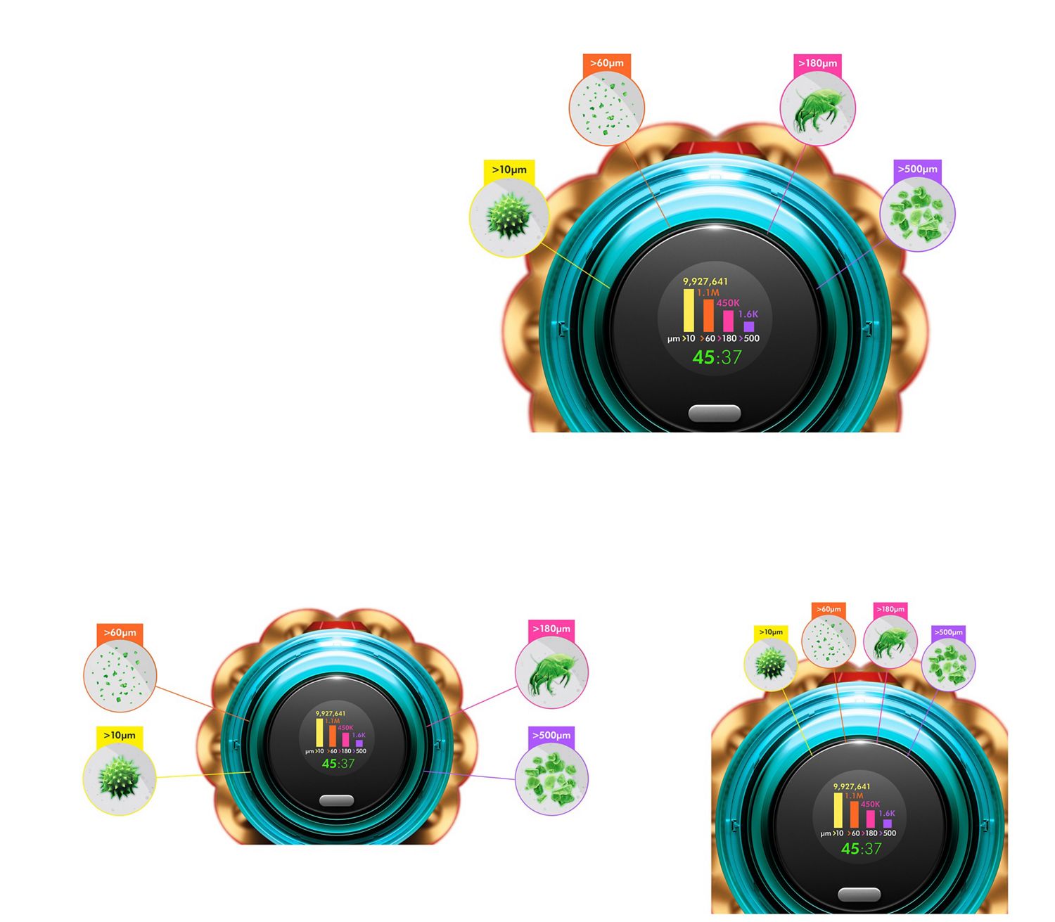 Een illustratie die de functionaliteit van het led-scherm op de Dyson V12 Detect Slim stofzuiger laat zien.