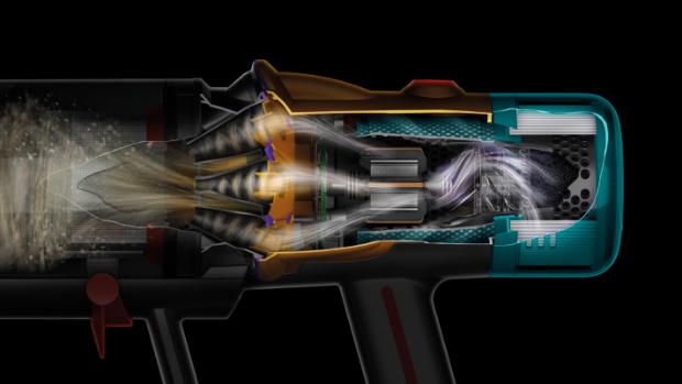 Zbliżenie odkurzacza Dyson V12 Detect Slim pokazujące system filtracji.
