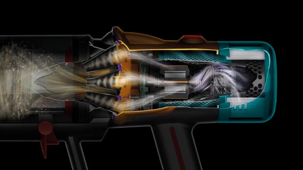 Zbliżenie odkurzacza Dyson V12 Detect Slim pokazujące system filtracji.