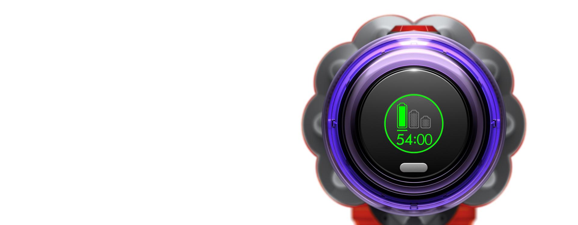 A graphic illustrating the functionality of the LED screen on the Dyson V12 Detect Slim vacuum.