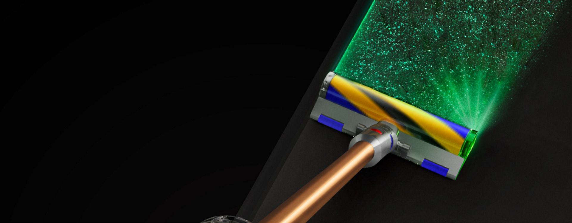 The Dyson V12 Detect Slim Absolute with Fluffy Optic cleaner head illuminating dirt on hard floor.