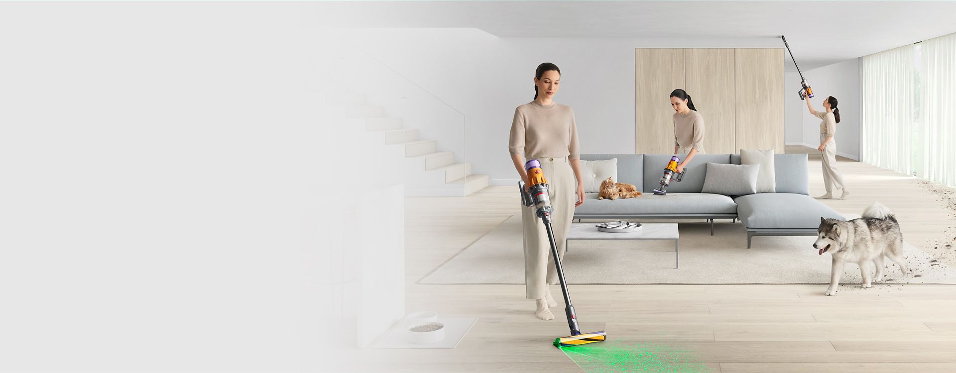 A family home being cleaned with the Dyson V12 Detect Slim vacuum.