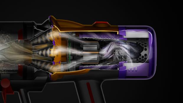 Dyson V12 Detect Slim kablosuz süpürgenin filtrasyon sistemini gösteren kesit görünüm.
