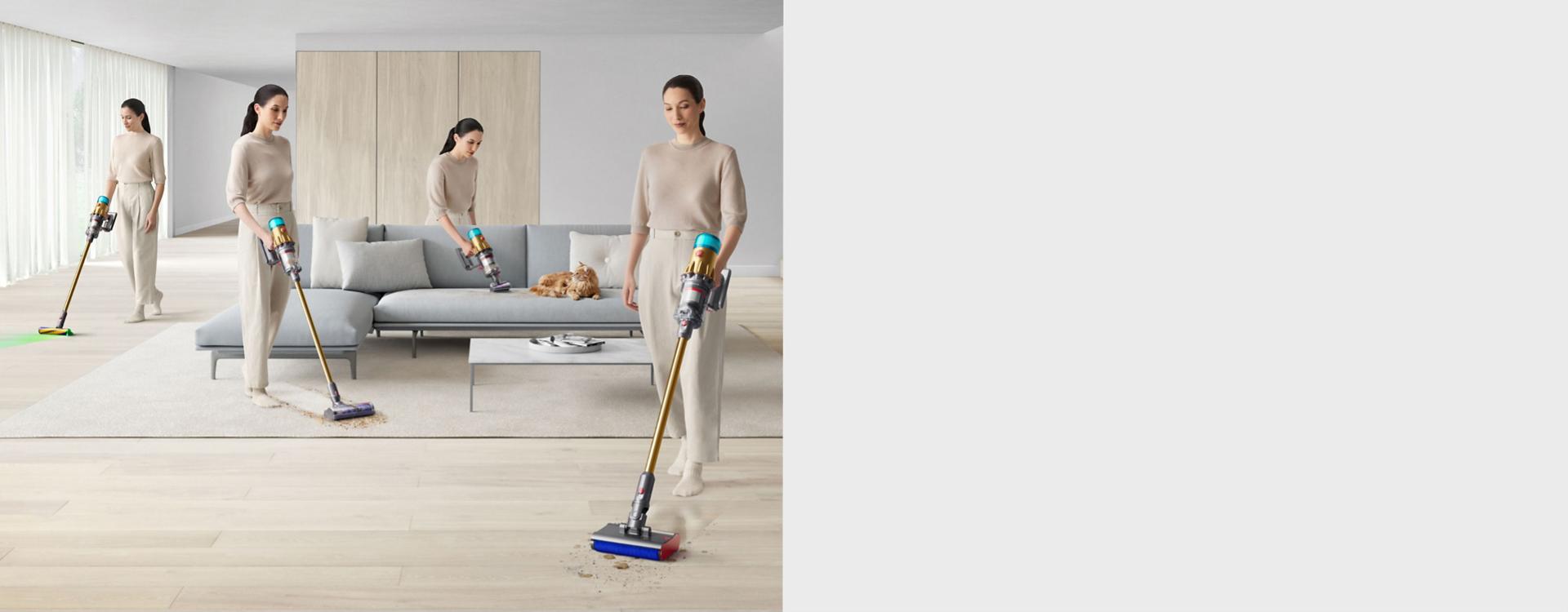 شخص يقوم بالتنظيف في أرجاء منزله بالكامل باستخدام مكنسة Dyson V12s Submarine.