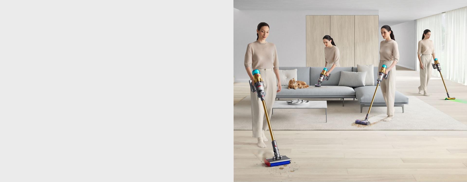 A person cleans around their whole home using the Dyson V12s Detect Slim Submarine.