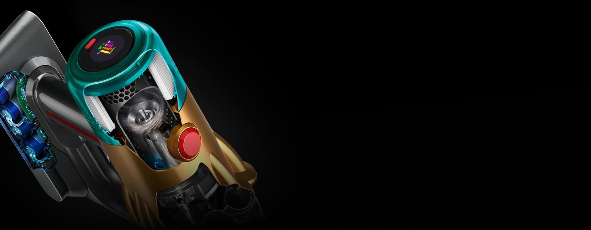 لقطة مقتطعة توضيحية لمكنسة Dyson V12s Submarine المتكاملة تعرض محرك Hyperdymium.