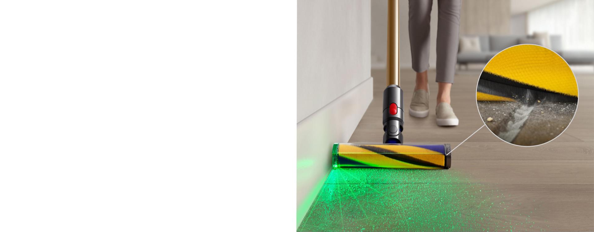 The Fluffy Optic cleaner head illuminates hidden dust on a hard floor.