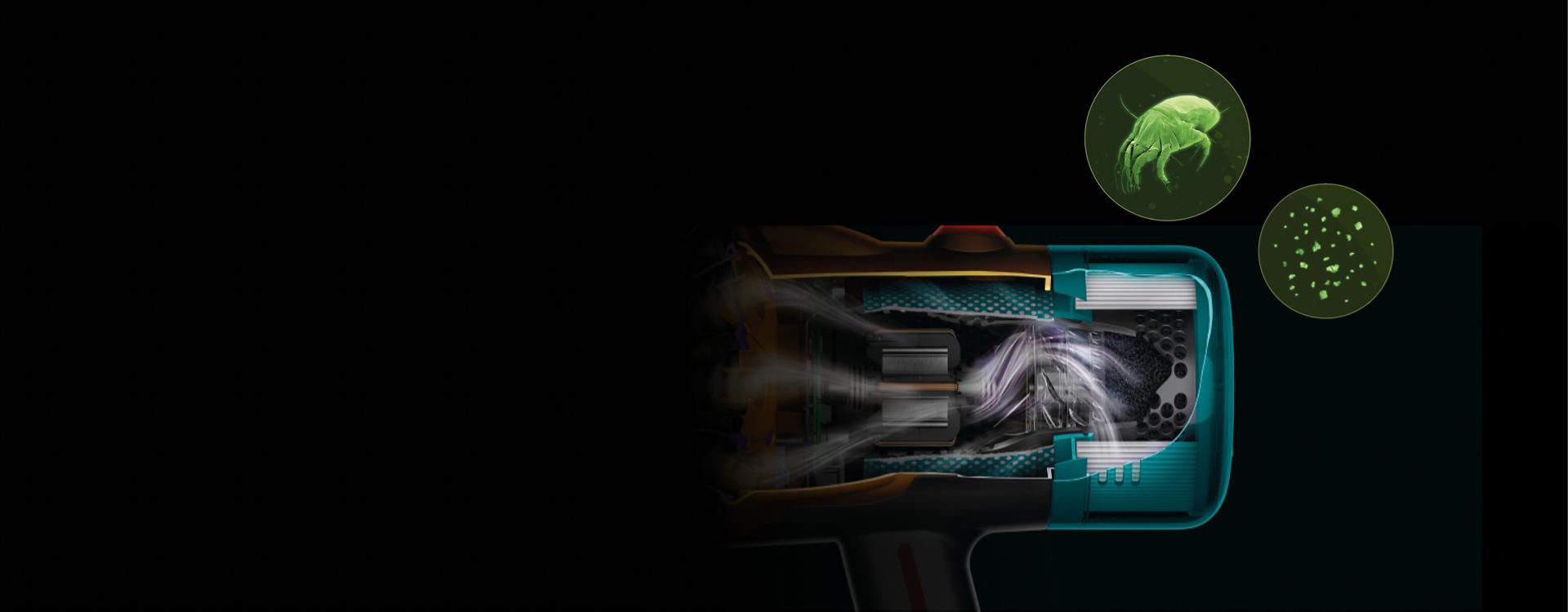 The filter inside the Dyson V12s Detect Slim Submarine Complete wet and dry vacuum cleaner.