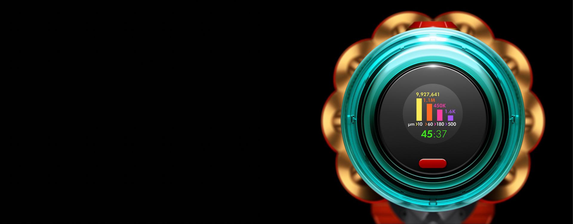 The Dyson V12s Detect Slim Submarine wet and dry vacuum cleaner's LCD screen.