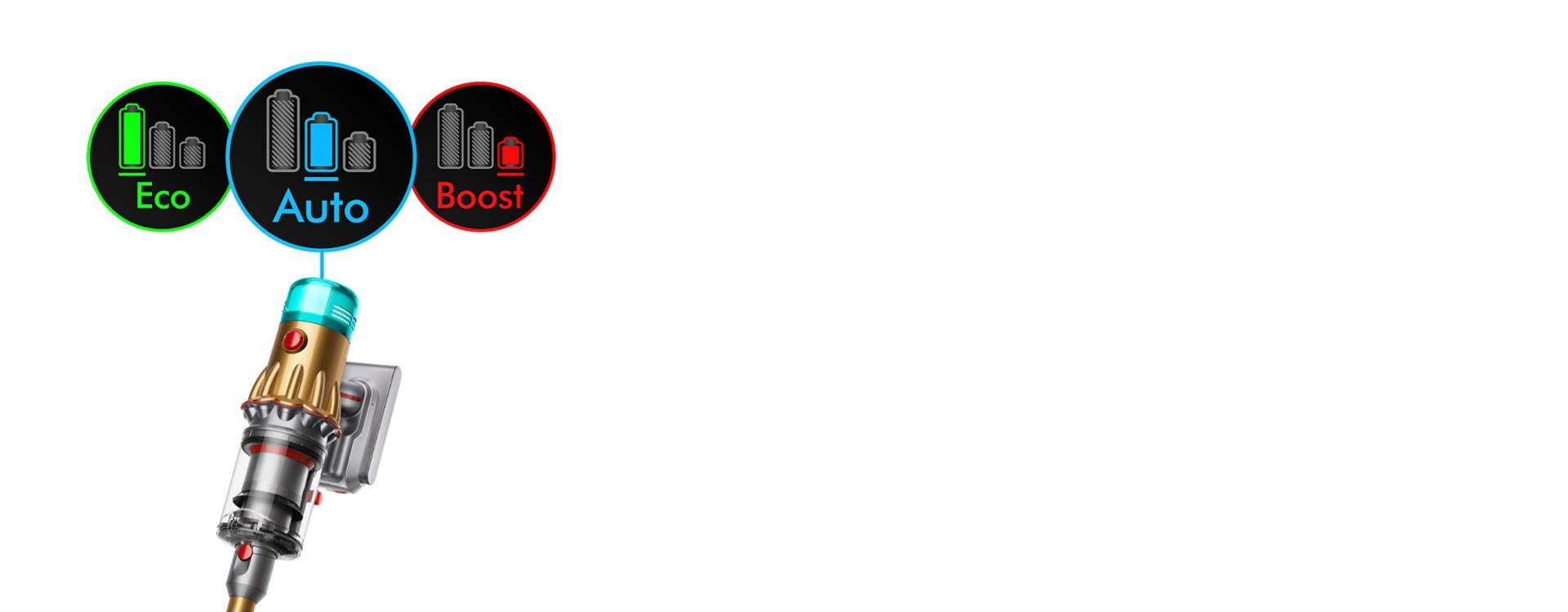 أوضاع الطاقة الثلاثة كما تظهر على شاشة LCD الخاصة بمكنسة Dyson V12s Submarine.