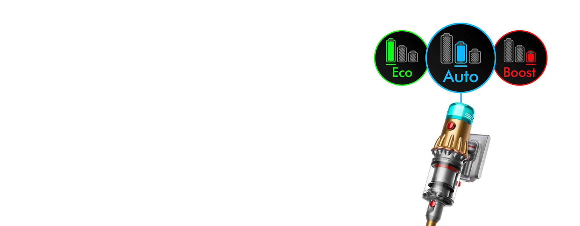 The three power modes as seen on the LCD screen of the Dyson V12s Detect Slim Submarine.