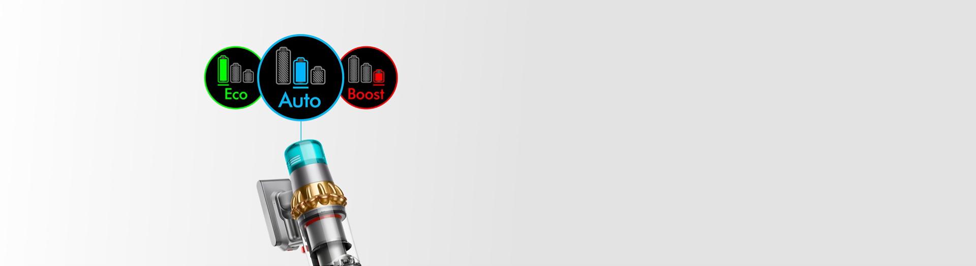 صورة مُقرَّبة لمكنسة Dyson V15 Detect مع ثلاث أيقونات تُمثّل الوضع الاقتصادي (Eco)، والوضع التلقائي (Auto)، والوضع المُعزَّز (Boost).