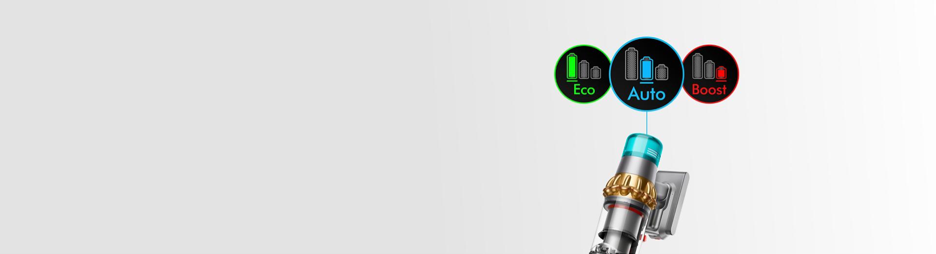 Eco, Auto ve Boost modu temsil eden üç ikonla Dyson V15 Detect kablosuz süpürgenin yakından görünümü.