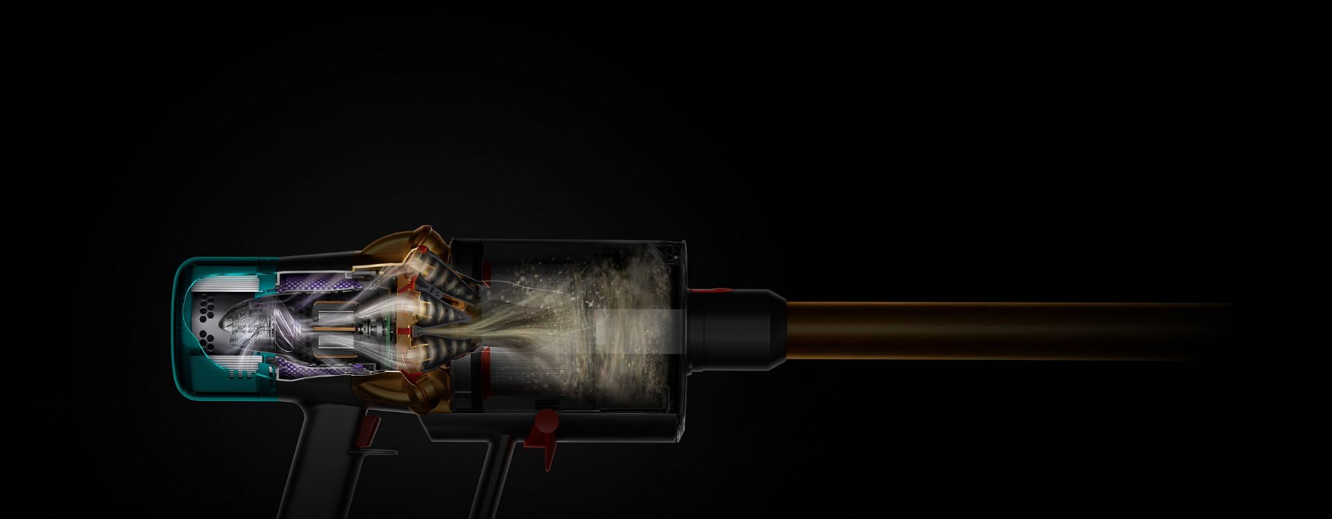 لقطة جانبية لمكنسة Dyson V15 Detect تعرض نظام فلترة HEPA.