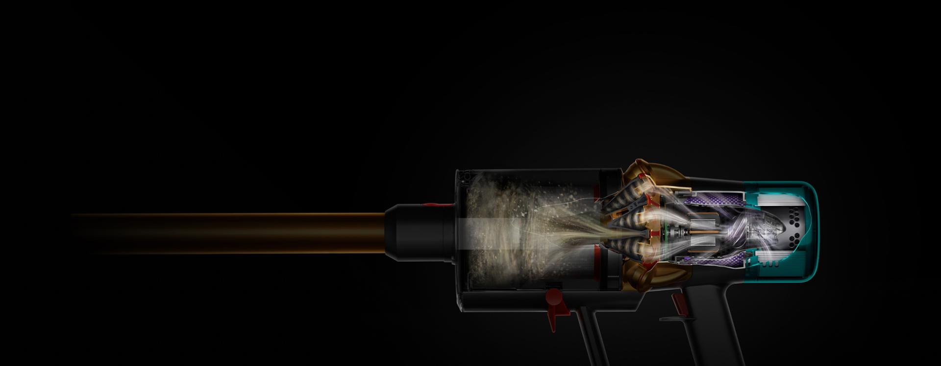 Dyson V15 Detect kablosuz süpürgenin HEPA filtrasyon sisteminin kesit görünümü.