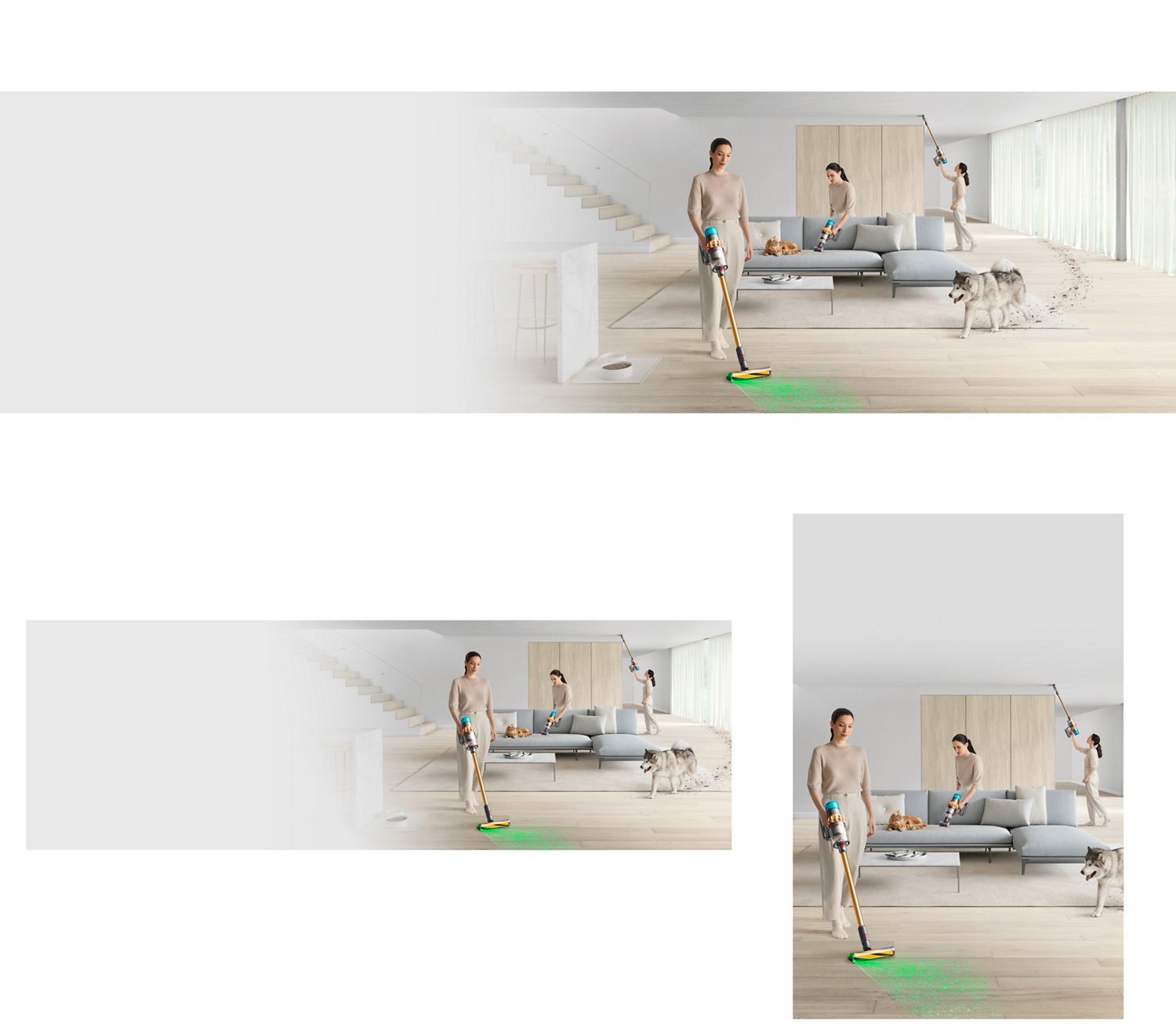 A person cleans around their home with a Dyson vacuum in stick and handheld modes