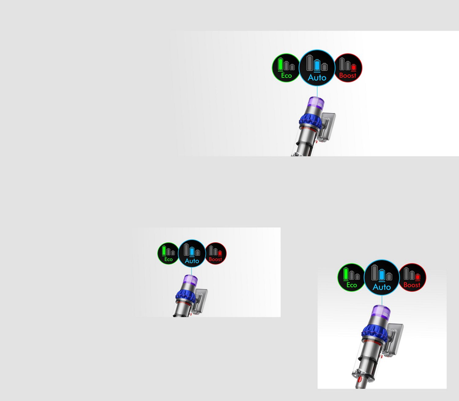 Gros plan de l’aspirateur Dyson V15 Detect avec trois icônes représentant les modes Eco, Auto et Boost.