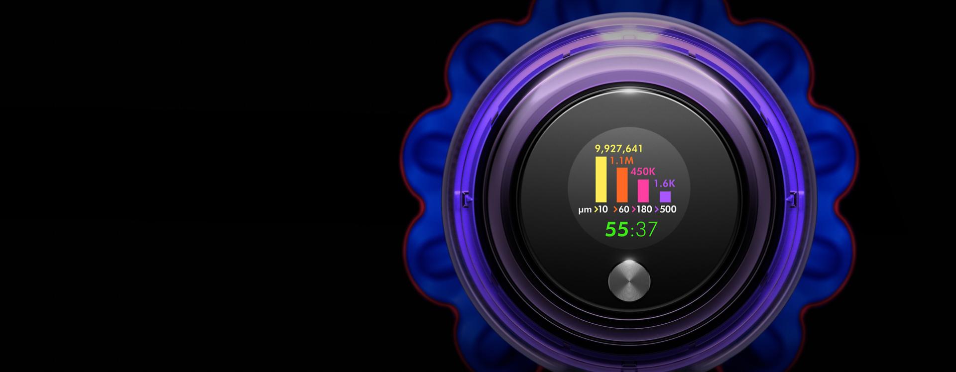 Close-up of the Dyson V15 Detect vacuum's LCD screen.