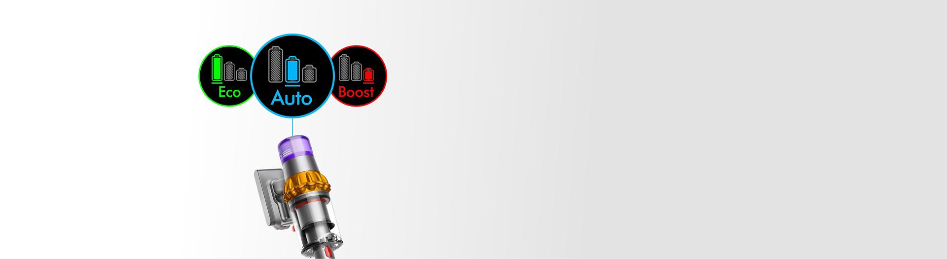 صورة مُقرَّبة لمكنسة Dyson V15 Detect مع ثلاث أيقونات تُمثّل الوضع الاقتصادي (Eco)، والوضع التلقائي (Auto)، والوضع المُعزَّز (Boost).