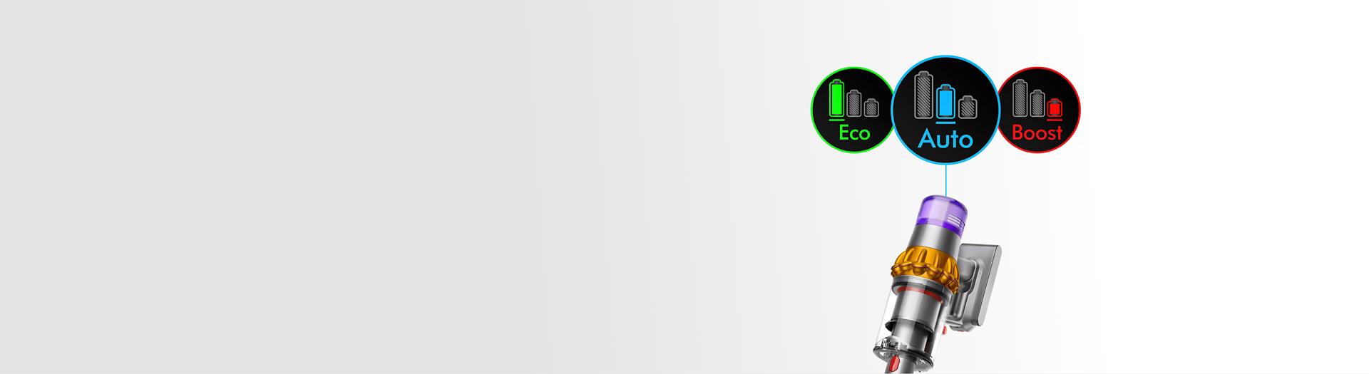 Close-up of the Dyson V15 Detect vacuum with three icons representing Eco, Auto and Boost modes.