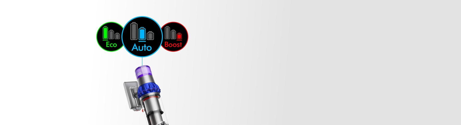 صورة مُقرَّبة لمكنسة Dyson V15 Detect مع ثلاث أيقونات تُمثّل الوضع الاقتصادي (Eco)، والوضع التلقائي (Auto)، والوضع المُعزَّز (Boost).