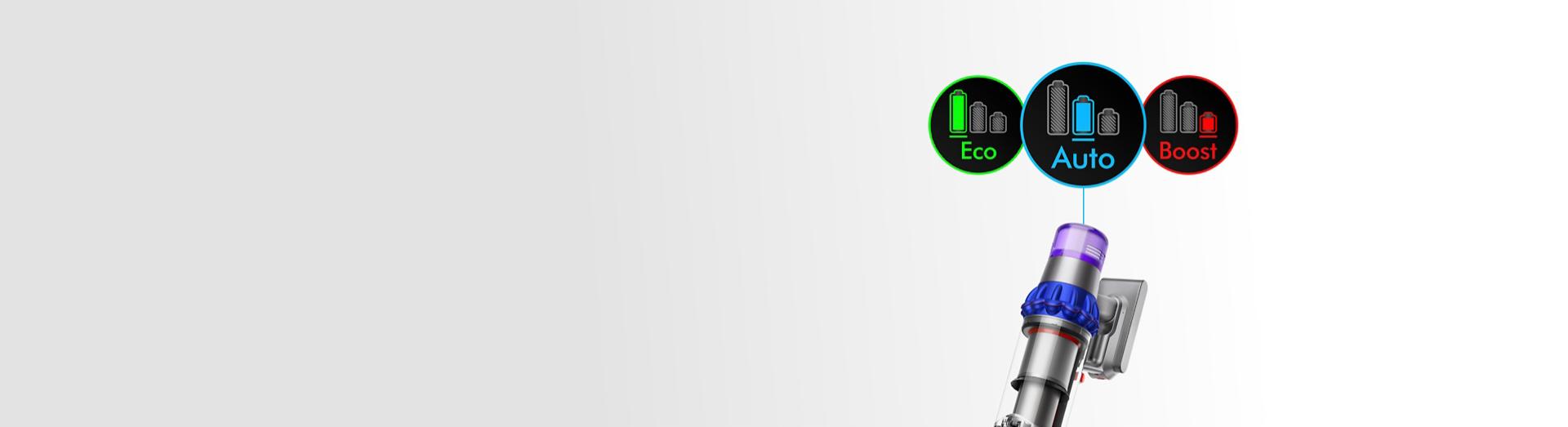 Close-up of the Dyson V15 Detect vacuum with three icons representing Eco, Auto and Boost modes.